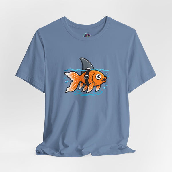 Light blue graphic T-shirt with orange fish-shark swimming front print
