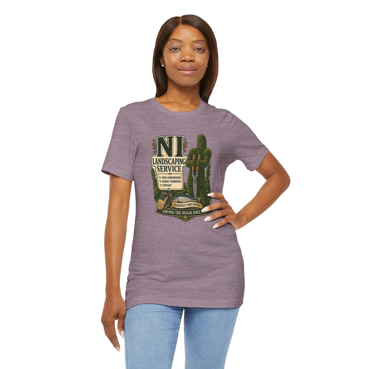Purple heather crewneck T-shirt, NI landscaping service chest graphic
