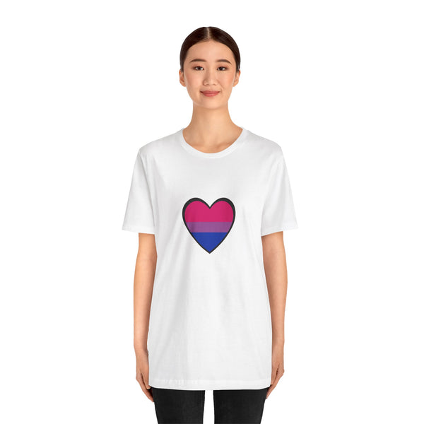 White T-shirt with bisexual pride flag heart graphic centered on the front.