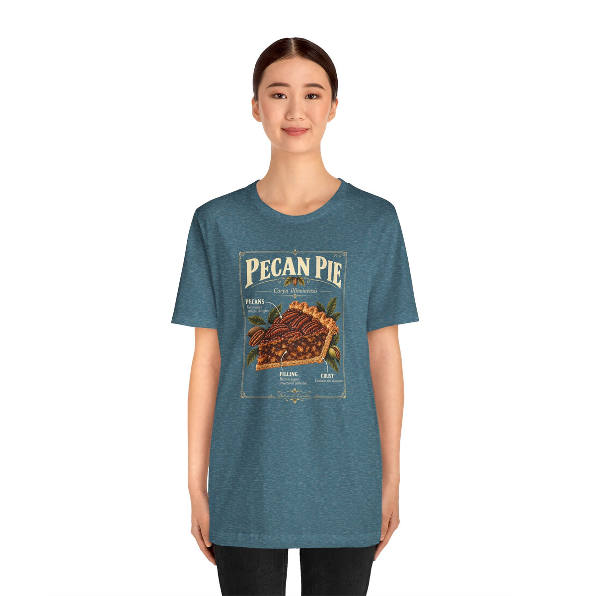 Teal T-shirt with pecan pie anatomy graphic centered on chest