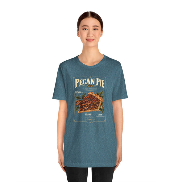 Teal T-shirt with pecan pie anatomy graphic centered on chest