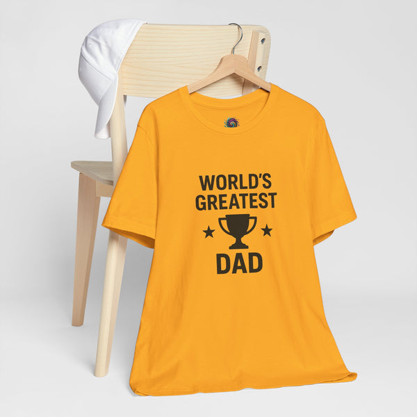 Orange T-shirt with trophy and “World’s Greatest Dad” text graphic