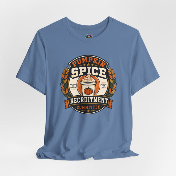 Blue crewneck T-shirt with Pumpkin Spice Recruitment Committee chest graphic