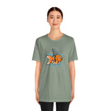 Sage green crew-neck T-shirt with orange fish-and-shark graphic, front