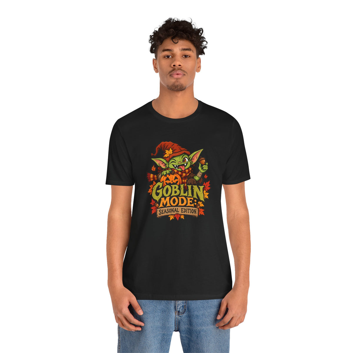 Black crewneck T-shirt with colorful goblin “Goblin Mode” front graphic