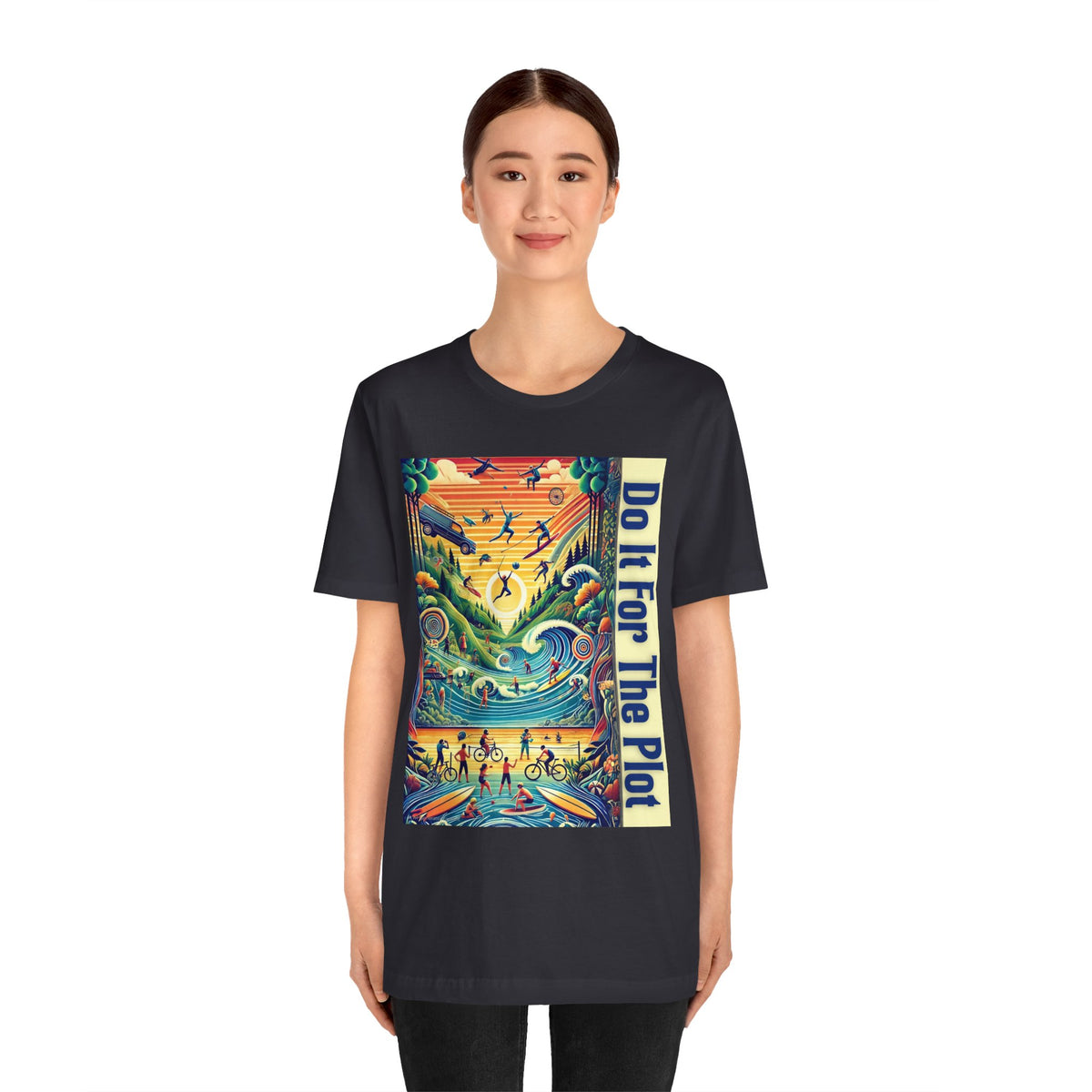 Black crewneck T-shirt with colorful square graphic and vertical “Do it for the Plot” text