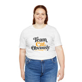White crew-neck t-shirt with “Team Cat Obviously” cat graphic print on front