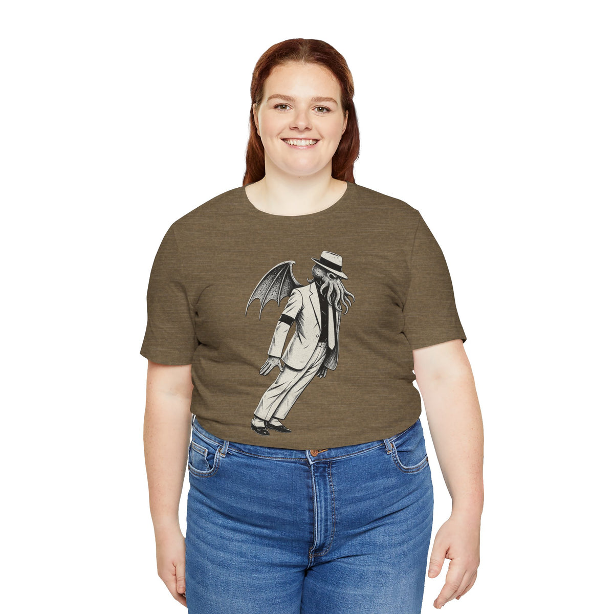 Olive-brown crew-neck t-shirt with gray monster graphic print on the front