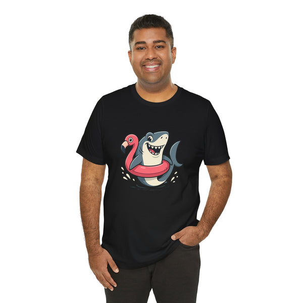 Black T-shirt with shark and flamingo floatie chest graphic, crew neck