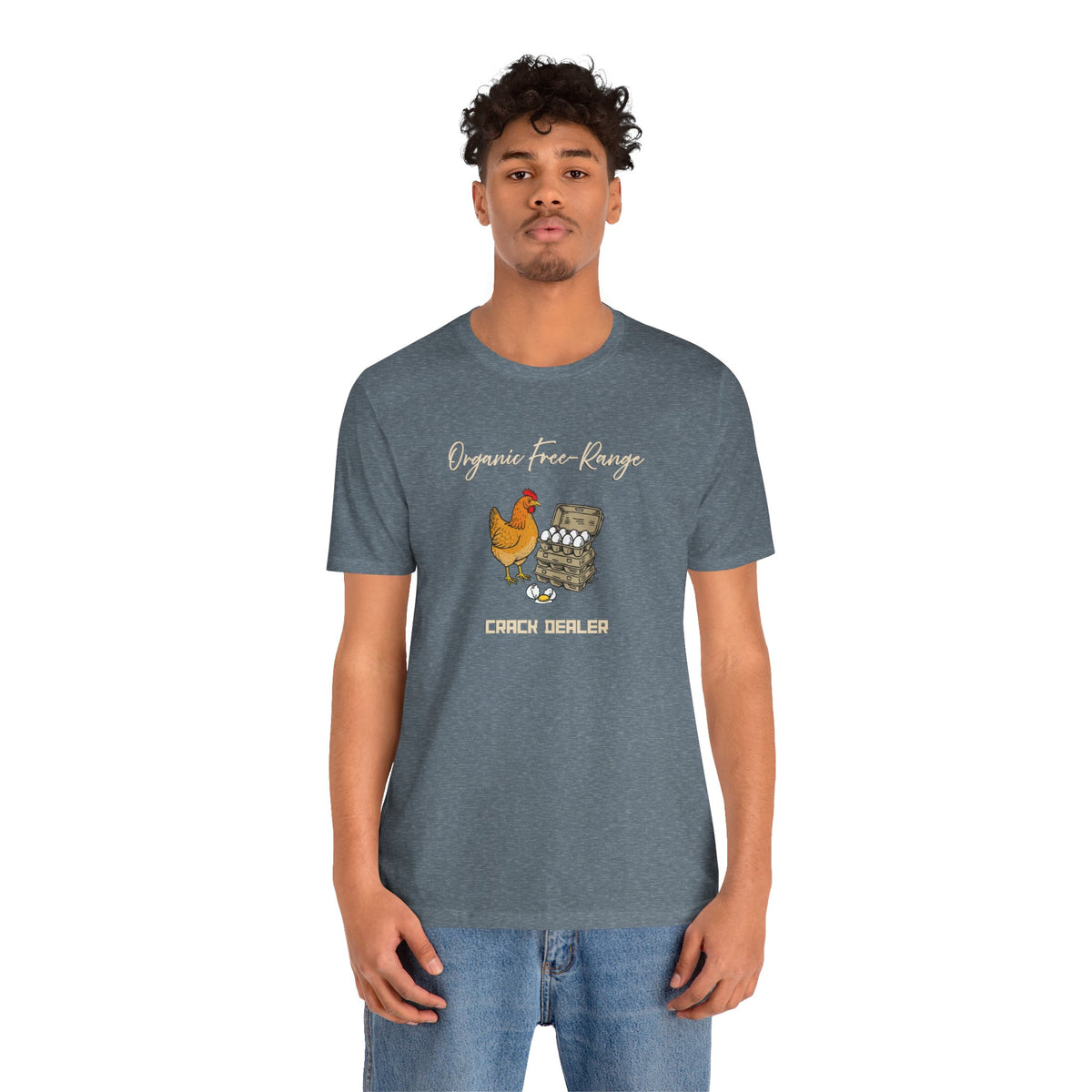 Heather blue short-sleeve T-shirt with front chicken-and-eggs print, worn by model