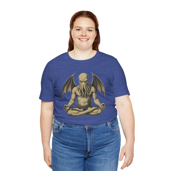 Blue unisex T-shirt with meditating monster graphic centered on the chest