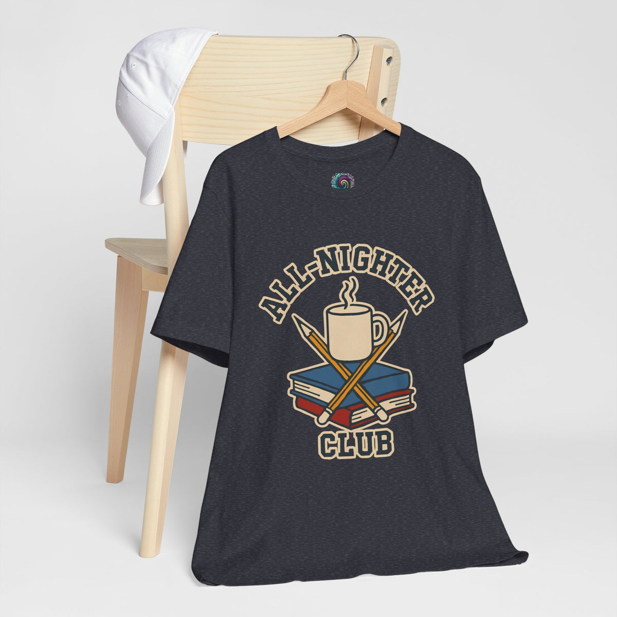 Dark heather T-shirt with 'All-Nighter Club' coffee cup and books graphic.