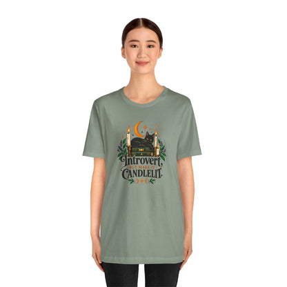 Introvert But Make It Candlelit T-shirt - Witchy Bookish Cat Tee