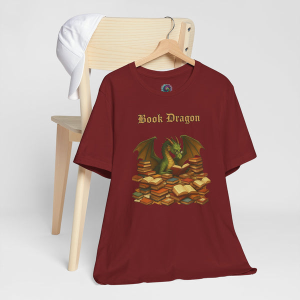 Burgundy crew-neck T-shirt with Book Dragon graphic and stacked book illustration