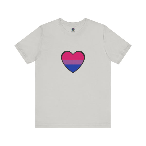 Light gray bisexual pride heart graphic T-shirt with pink and blue heart design