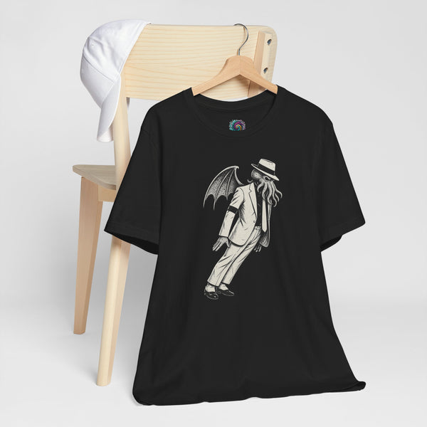 Black crewneck T-shirt with white graphic of cloaked figure holding a top hat