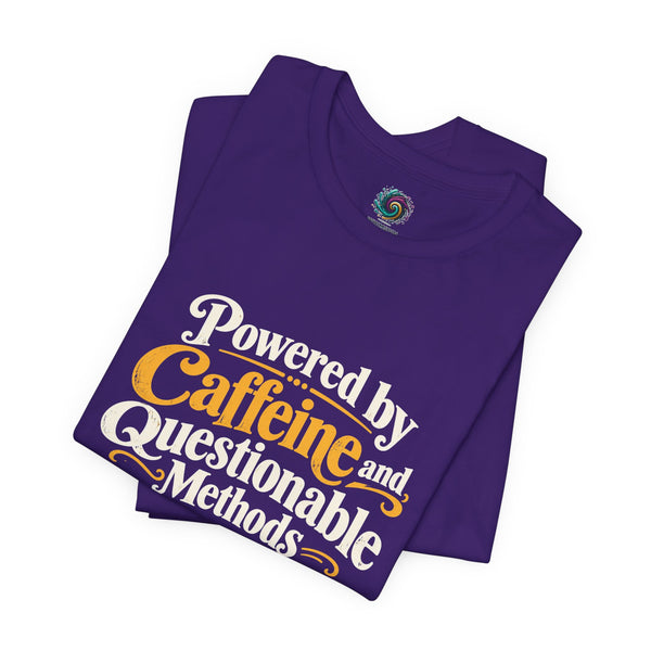 Folded purple T-shirt with large Caffeine and Questionable Methods graphic on front