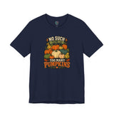 Navy crew-neck t-shirt with colorful pumpkin graphic and fall slogan print