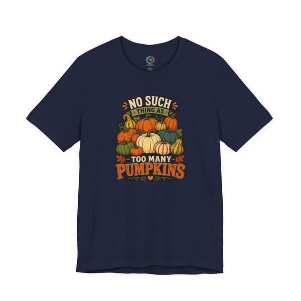 Navy crew-neck t-shirt with colorful pumpkin graphic and fall slogan print