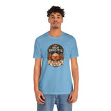 Light blue crew-neck t-shirt with pumpkin spice witch graphic, short-sleeve