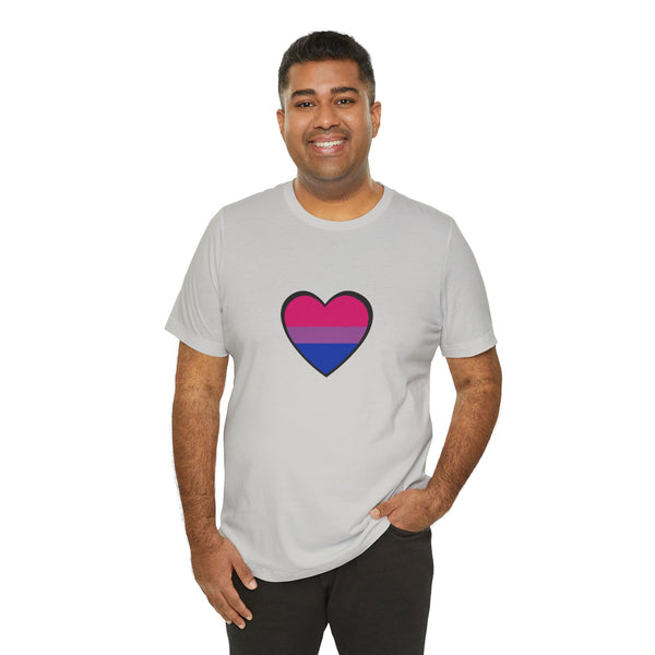 Light gray T-shirt with bisexual pride heart graphic centered on chest