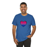 Blue crew-neck T-shirt displaying a pink and navy heart graphic