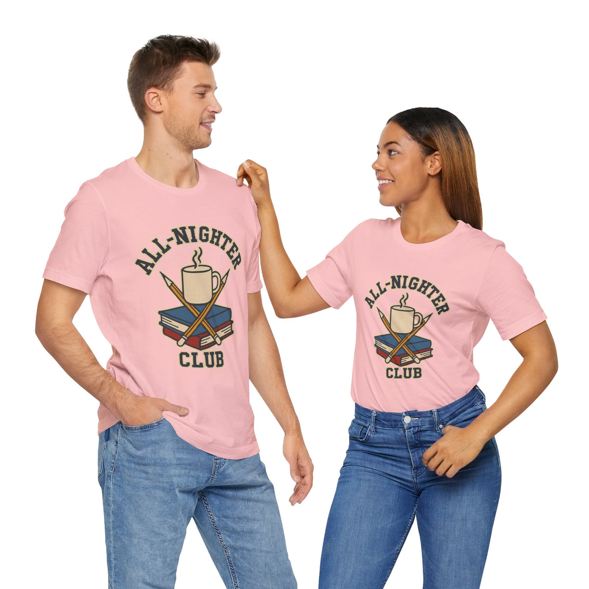 Pink crewneck T-shirt with “All-Nighter Club” coffee-and-books graphic, worn by two people