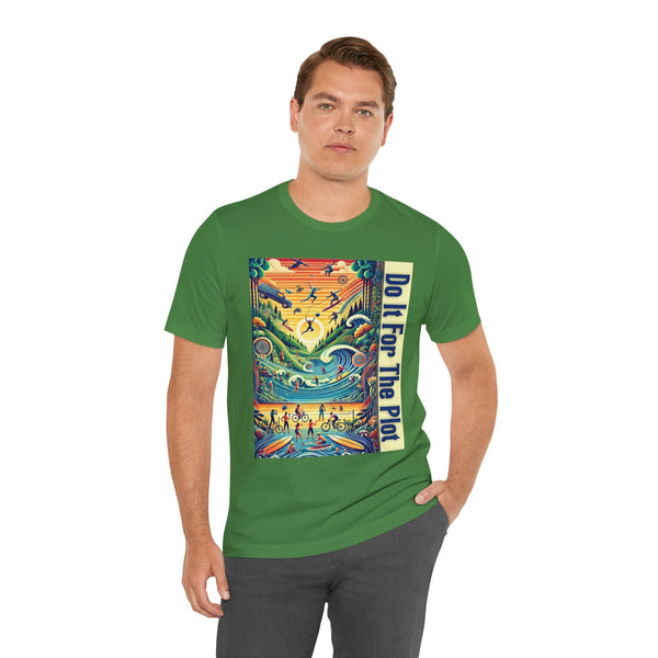 Green crew-neck T-shirt with colorful rectangular front graphic