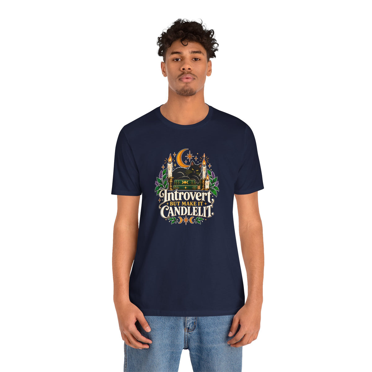 Introvert But Make It Candlelit T-shirt - Witchy Bookish Cat Tee