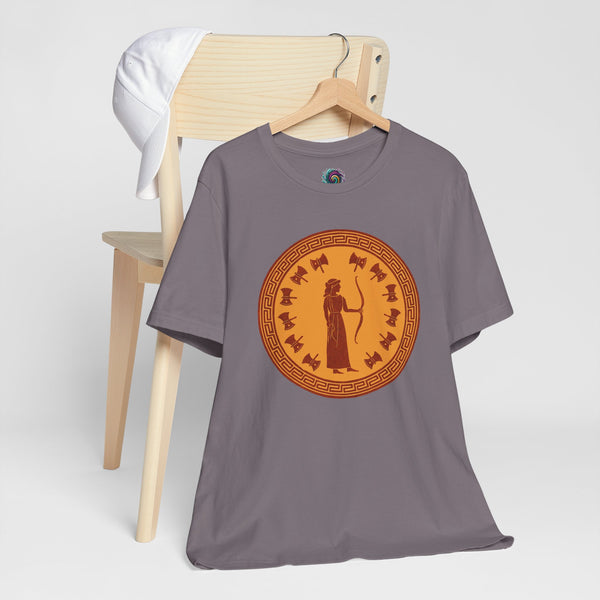 Purple t-shirt with round orange Greek goddess print at center front