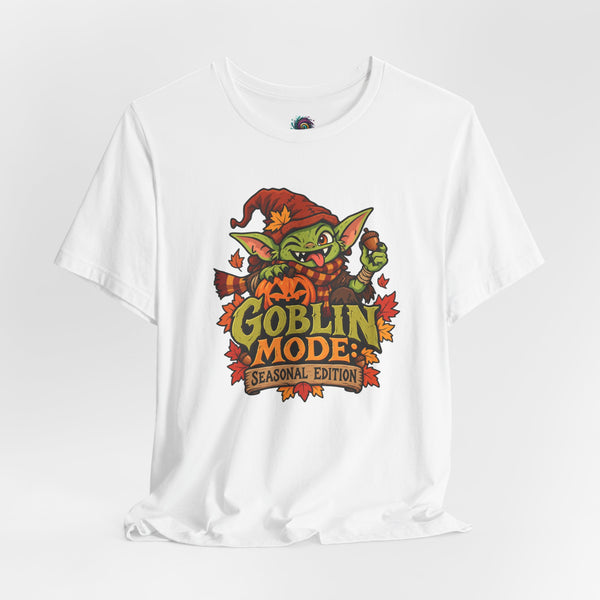 White t-shirt with colorful goblin front graphic and crew neck