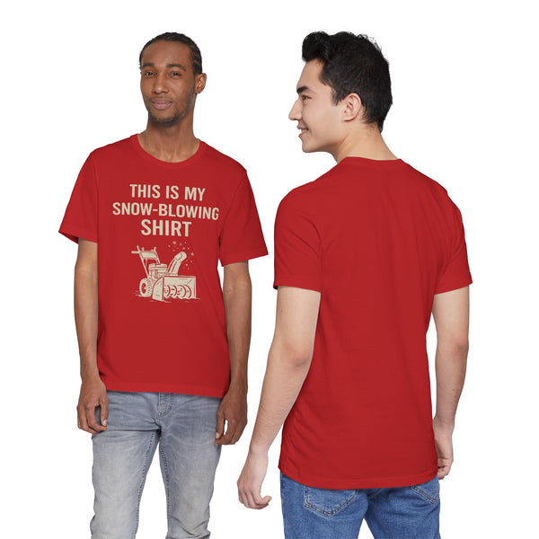 Red crew-neck graphic T-shirt with snow-blowing text and snowblower icon