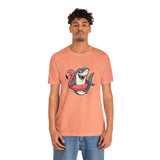 Coral short-sleeve T-shirt with shark and flamingo floatie front print