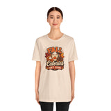 Beige crew-neck T-shirt with 'FALL Calories DON'T COUNT' front print.