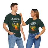 Green parrot alarm T-shirts for two people, both with “snooze button” front graphic.