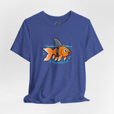Navy crewneck t-shirt with small orange fish-and-shark swimming graphic