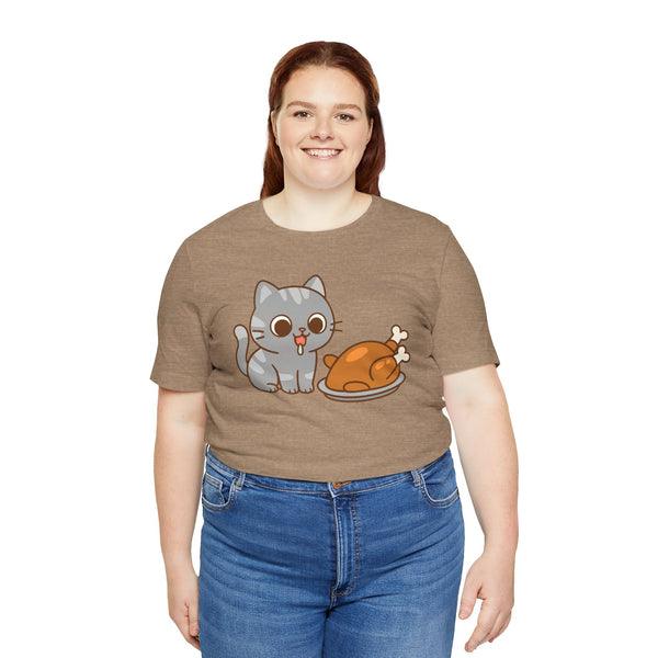 Brown crewneck cat and turkey graphic t-shirt, short sleeves, front view