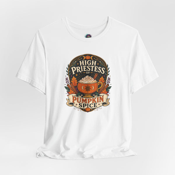 White T-shirt with round pumpkin spice graphic centered on the chest