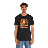 Black crew-neck t-shirt featuring “Fall Calories Don’t Count” autumn text-and-food print