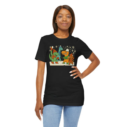 Dinosaur Snowball Fight T-Shirt – Funny Winter Dino Graphic Tee