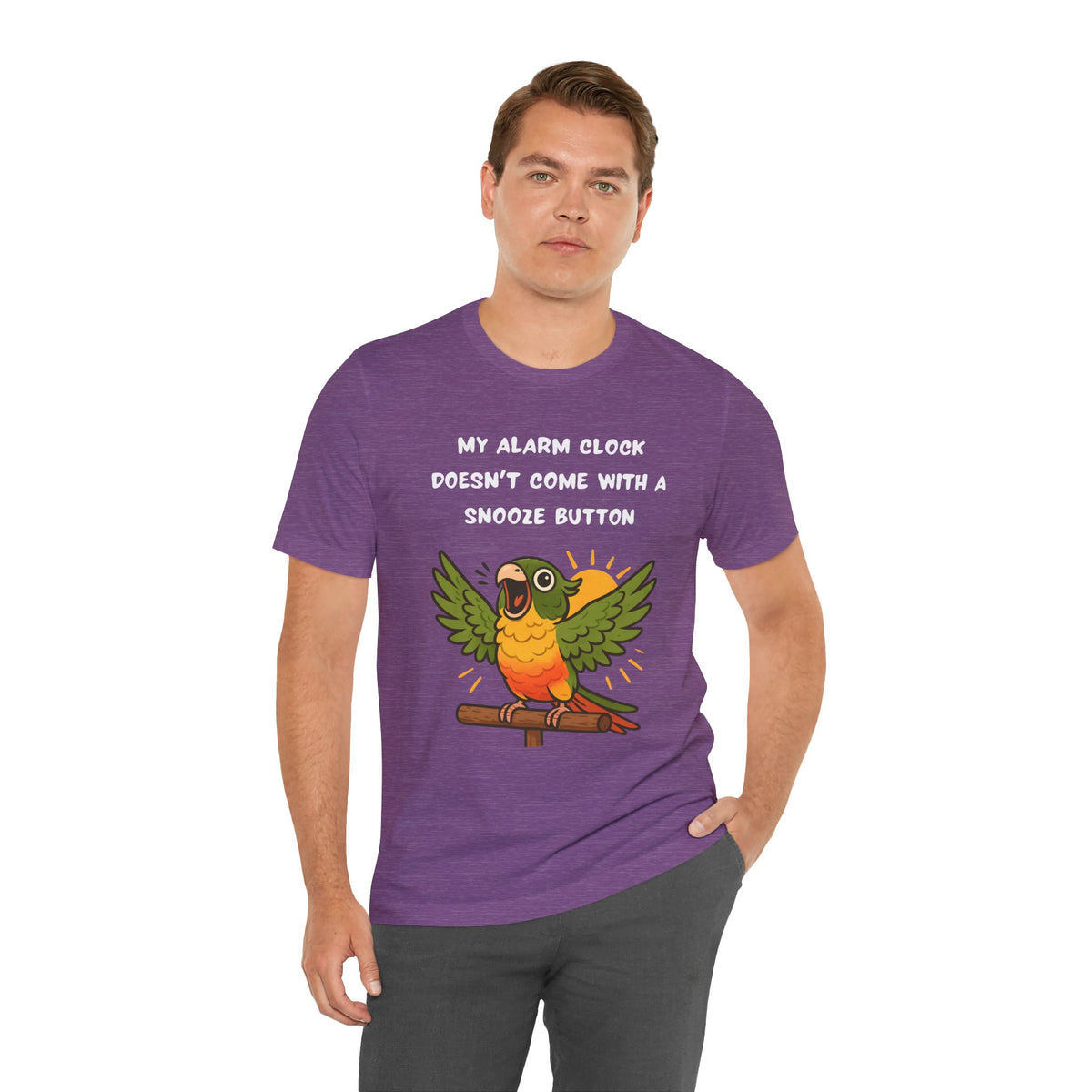 Purple crew-neck t-shirt with parrot graphic; “My alarm clock” message centered