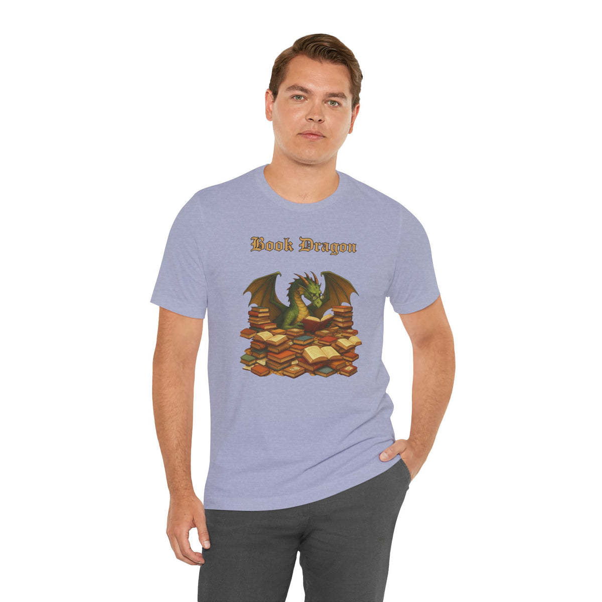 Lavender crew-neck T-shirt with Book Dragon chest graphic on a model