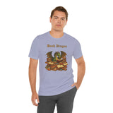 Lavender crew-neck T-shirt with Book Dragon chest graphic on a model