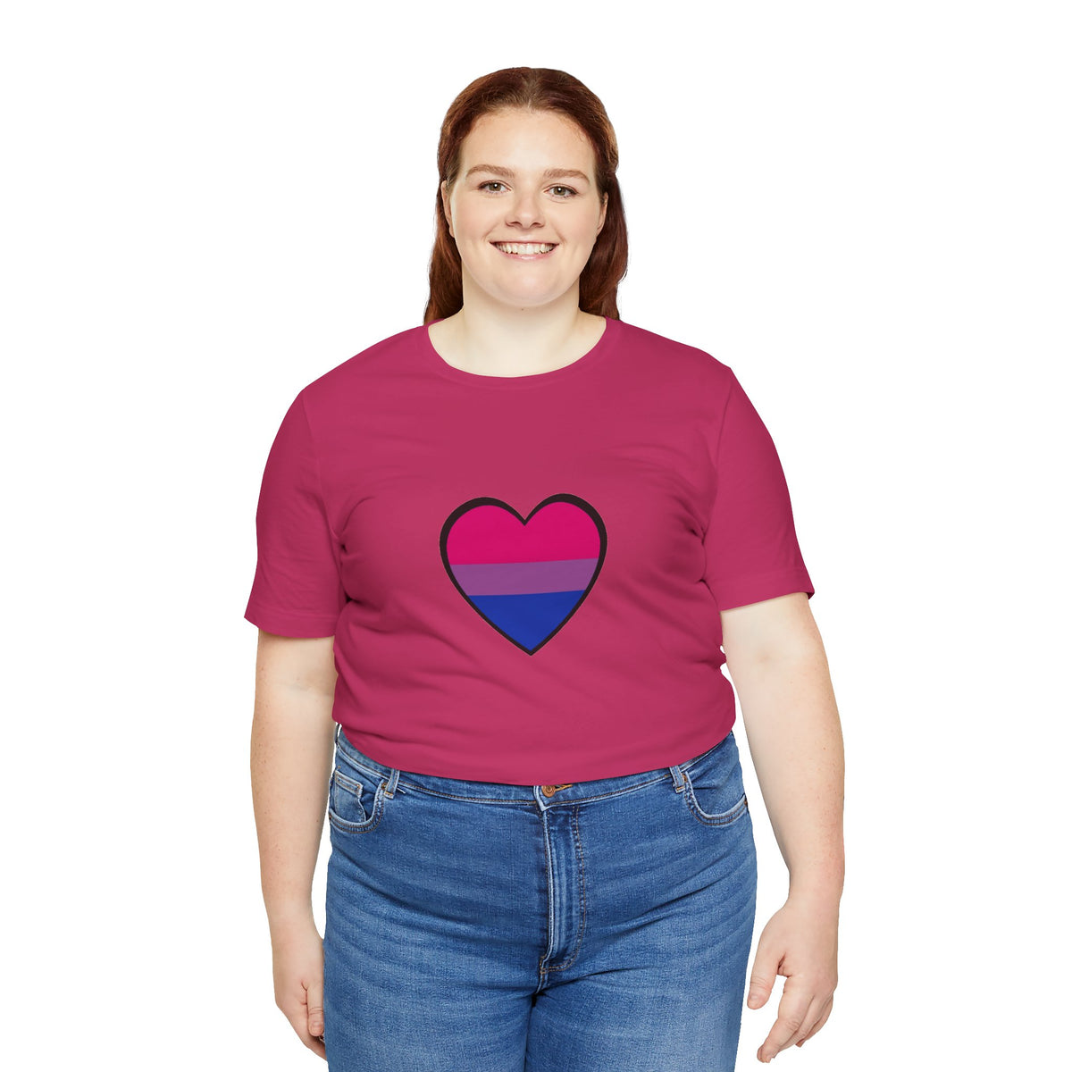Pink crew-neck T-shirt with blue and pink pride heart graphic