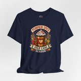 Navy crew-neck T-shirt with “Pumpkin Spice Self Care Season” graphic on chest
