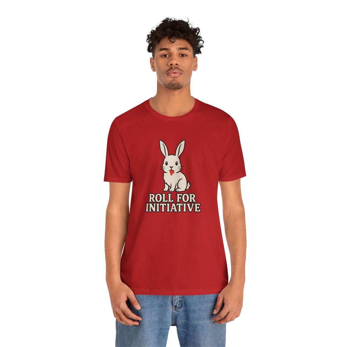 Red short-sleeve t-shirt featuring a white bunny graphic and game text