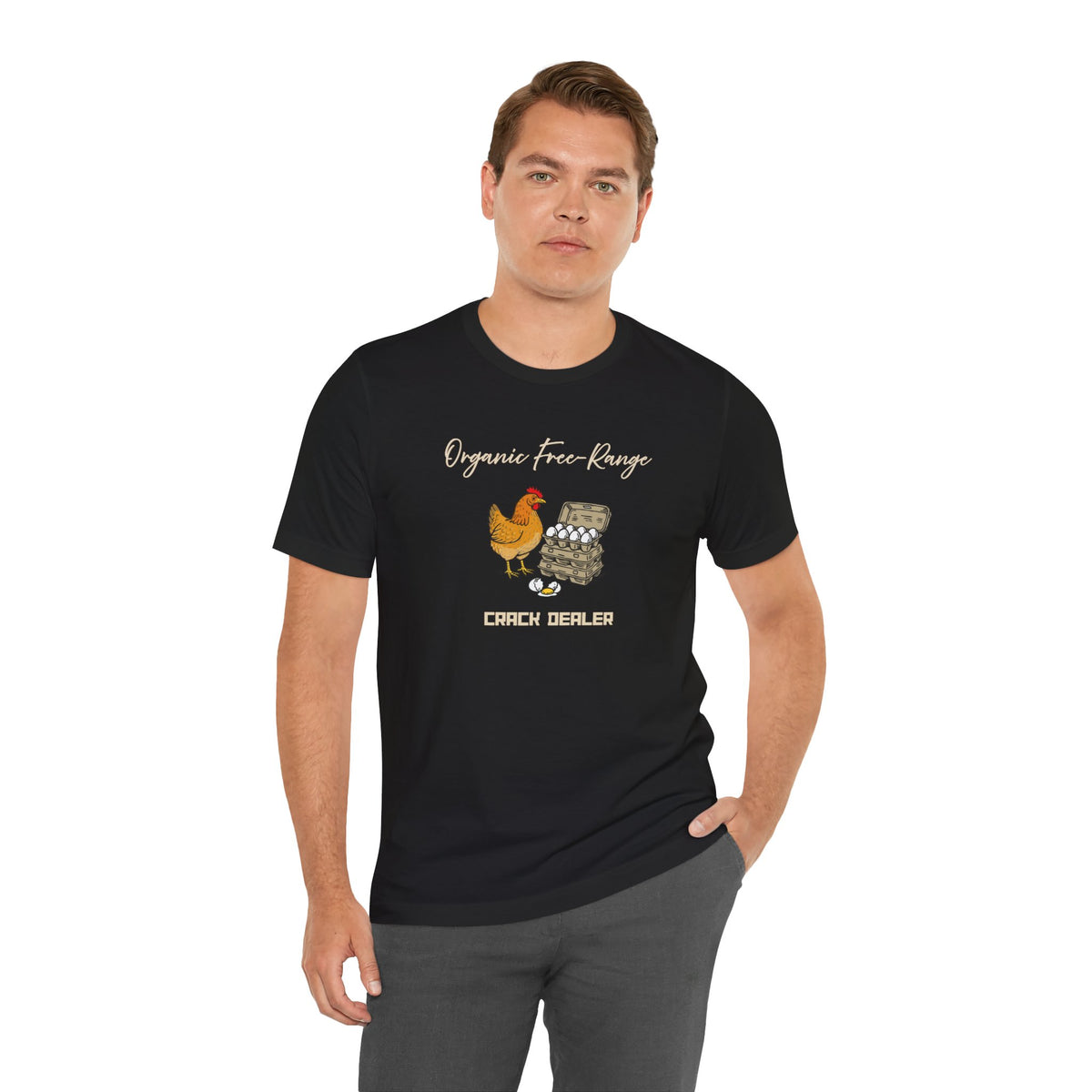Black graphic T-shirt on model with chicken-and-eggs front print and 'Crack Dealer'