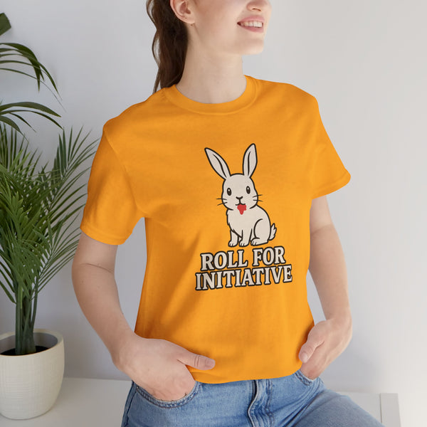 Orange crew-neck T-shirt worn by model, featuring bunny and "ROLL FOR INITIATIVE" print