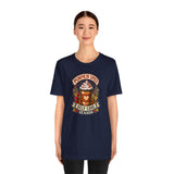 Navy crew-neck T-shirt with “Pumpkin Spice Self Care Season” graphic at center chest