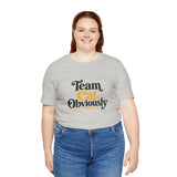 Light gray crew-neck T-shirt with 'Team Cat, Obviously' cat graphic, worn by woman